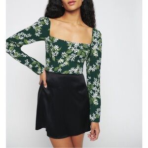 Reformation Demi Top Dama De‎ Noche Green Floral Print Square Neck Smocked Sz 0